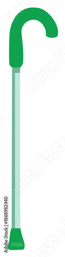 A simple green and light blue walking cane with a curved handle and rubber tip