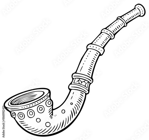 Ornate antique tobacco pipe with a long stem in a black and white hand drawn sketch style illustration