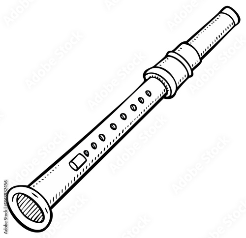 Hand drawn line art illustration of a wooden recorder musical instrument with finger holes