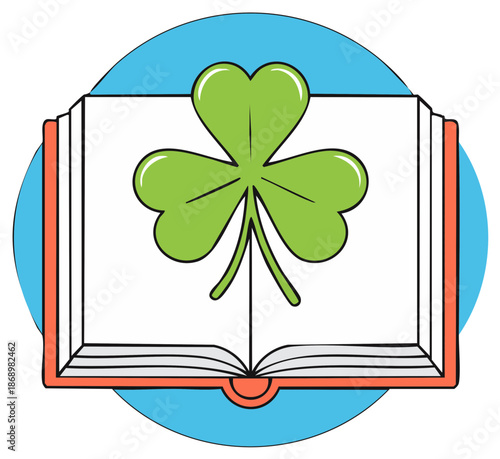 Cartoon Green Shamrock on Open Book Pages, Simple Illustration Against Blue Circle