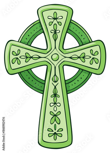 Vibrant green Celtic cross adorned with intricate floral embellishments and detailed shading