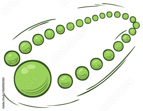 Whimsical Green Pea Necklace with Swirling Lines, Cartoon Style