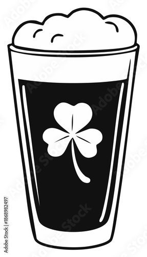 Black and white illustration of a beer with shamrock symbol