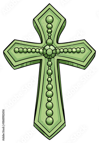 Green illustration of a Christian cross with a jewel in the center.