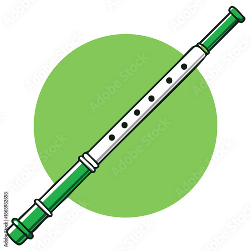 Vector illustration of a wind musical instrument flute against a bright green background circle isolated on white surface for music studio and educational use