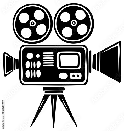 Vintage Movie Camera with Film Reel and Tripod Stands in Black