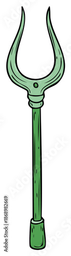 Cartoon Illustration of a Green Ceremonial Staff or Trident for Magical Powers