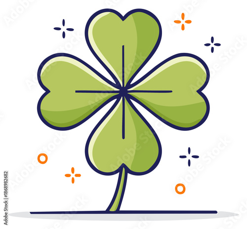 Stylized Four Leaf Clover with Sparkling Accents and Stem on a Line