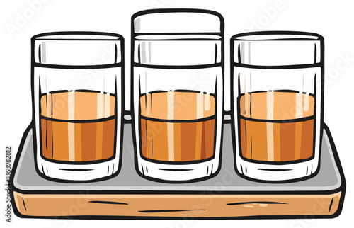 Illustrated shot glasses filled with orange liquid on wooden serving tray.