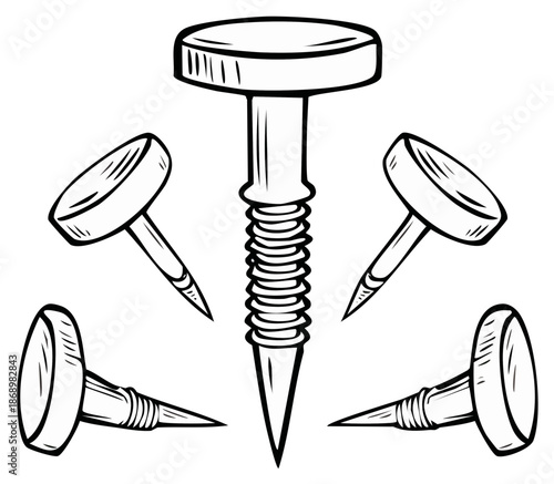 Metal Thumb Tacks and Screws Vintage Construction Fasteners Hand Drawn Style Isolated Illustration