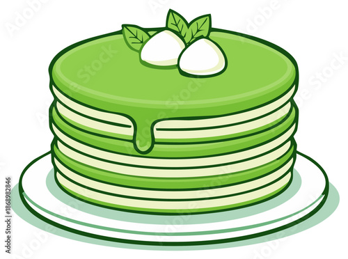 Stack of green pancakes with cream, topped with mint leaves on a plate