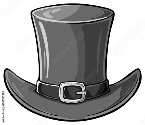 Elegant black and gray top hat cartoon illustration featuring a shiny brim and classic silver buckle