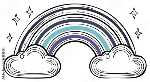 Hand Drawn Rainbow Arc Over Clouds with Sparkles