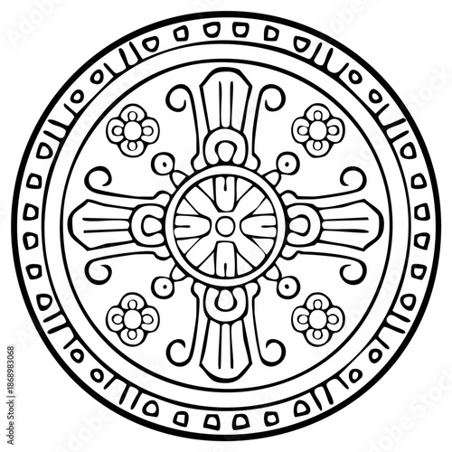 Ornate circular medallion with a traditional cross and floral motifs in a black and white line art style