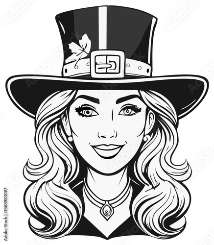 Cartoon woman wearing tall hat with a leaf and jewelry smiling