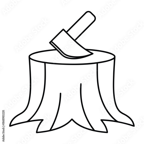 Simple black and white line art icon depicting an axe stuck firmly into a freshly cut tree stump