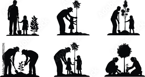 Black silhouettes of family planting trees together, gardening with children, digging soil, using shovels, and caring for nature, isolated vector set.