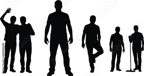 Group of diverse men silhouettes standing in different poses including waving greeting leaning and holding a broom for conceptual teamwork