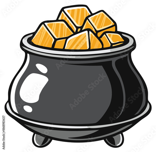 Black pot overflowing with shiny gold treasure nuggets vector illustration for wealth