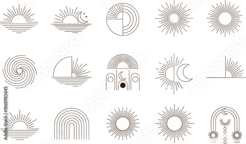 Minimalist boho sun and moon line art icon set featuring celestial celestial mystical and bohemian aesthetic designs isolated on white background for branding