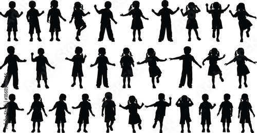 Large collection of children silhouettes featuring boys and girls in active poses playing dancing jumping and standing for school design projects