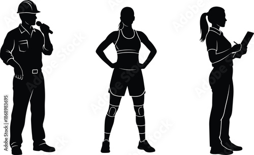 Professional worker silhouettes set featuring construction engineer with hardhat fitness woman athlete and female manager with clipboard on white background