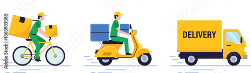 Online delivery service set with courier on bicycle motor scooter and transport truck carrying packages isolated on white background flat vector illustration