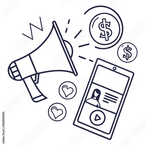 Social Media Monetization Icon - Line Vector White