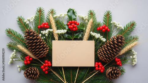 Festive holiday arrangement with pine branches berries and pinecones ready for a message
