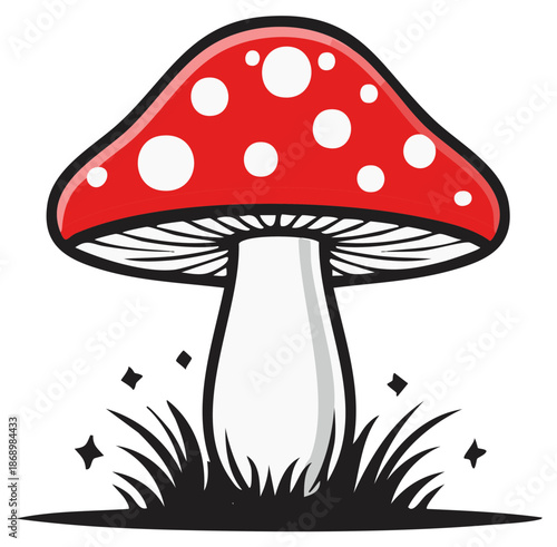 Vibrant fantasy toadstool with red cap and white spots in a charming nature illustration