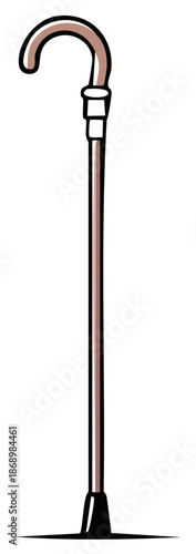 Classic brown walking cane with a crook handle in a bold cartoon style vector illustration