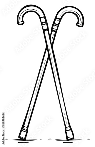 Black and white line art drawing featuring two old fashioned walking sticks crossed over each other