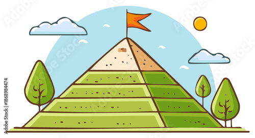Hand Drawn Landscape with Pyramid, Trees, Sky and the Flag on the Top