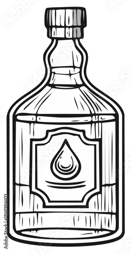 Black and White Line Art Illustration of a Bottle with Droplet Label