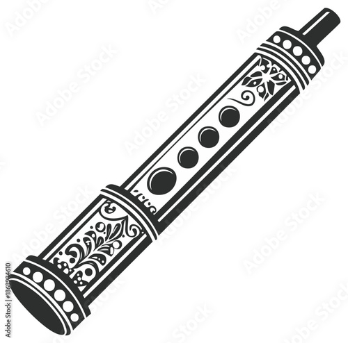 Ornate Wind Instrument Vector, Woodwind Flute with Floral Decorative Elements