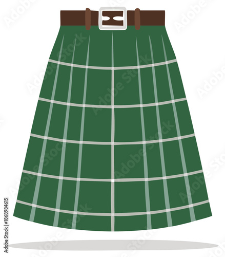 Illustration of a green tartan kilt with belt and buckle, traditional Scottish garment.