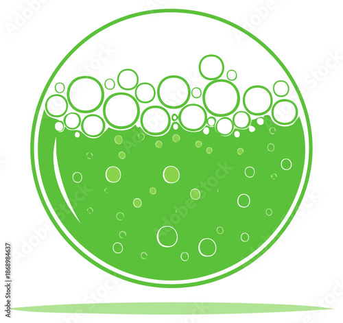 Vibrant Green Liquid with Bubbles Inside a Round Container Graphic Design