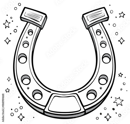 Lucky Horseshoe Black and White Outline Drawing with Stars and Sparkles Vector Illustration