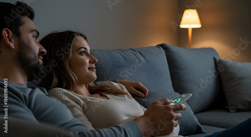 Couple relaxing on sofa while adjusting ambient lighting with smart remote control. Concept of home automation, comfort, technology, and modern lifestyle.