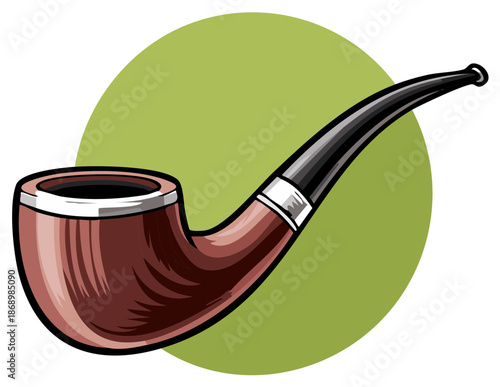Illustrated tobacco pipe with brown wooden bowl and curved stem against a green background circle.