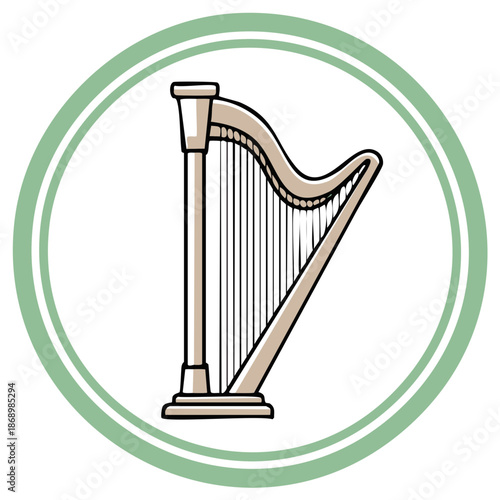Illustration of a Harp with Musical Notes in a Circular Frame