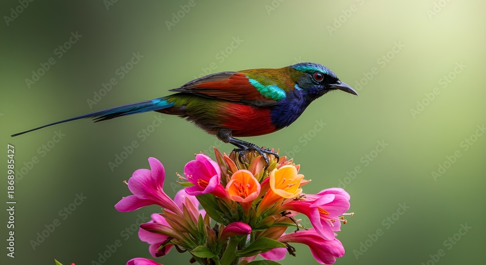 Obraz premium Exotic bird landing on tropical flowers. Concept of wildlife beauty, vibrant nature, bird behavior, tropical ecosystem, and colorful outdoor environment.