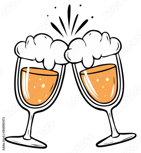 Cartoon glasses toasting with foamy drink celebrating success party fun illustration