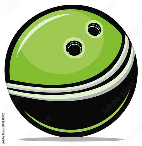 Graphic Bowling Ball Illustration in Green and Black with Finger Holes and Stripes for Sports and Recreation