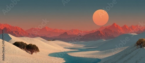 Desert landscape at sunset, with a large orange sun and a winding blue river.  Sandy dunes, red mountains