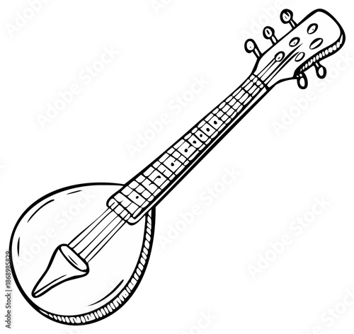 Monochrome sketch of a bouzouki, a long-necked lute from Greek folk music culture in line art vector illustration