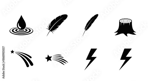 Water, Lightning, Stars, Feathers, Tree Stump Illustration