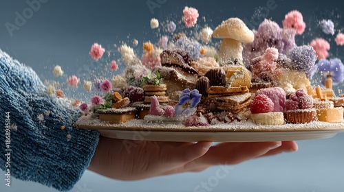 Hand holding a platter piled high with colorful, sweet treats, dusted with powdered sugar, in mid-air explosion