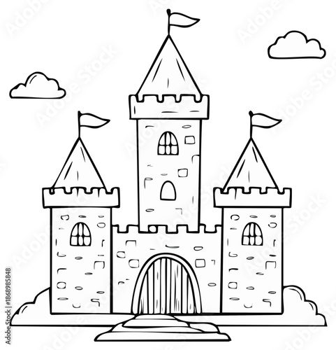 Black and white illustration of a fairytale castle with flags and clouds.