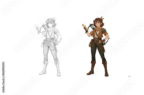 stylized female archer scout character design with crossbow and scroll for fantasy rpg game asset.